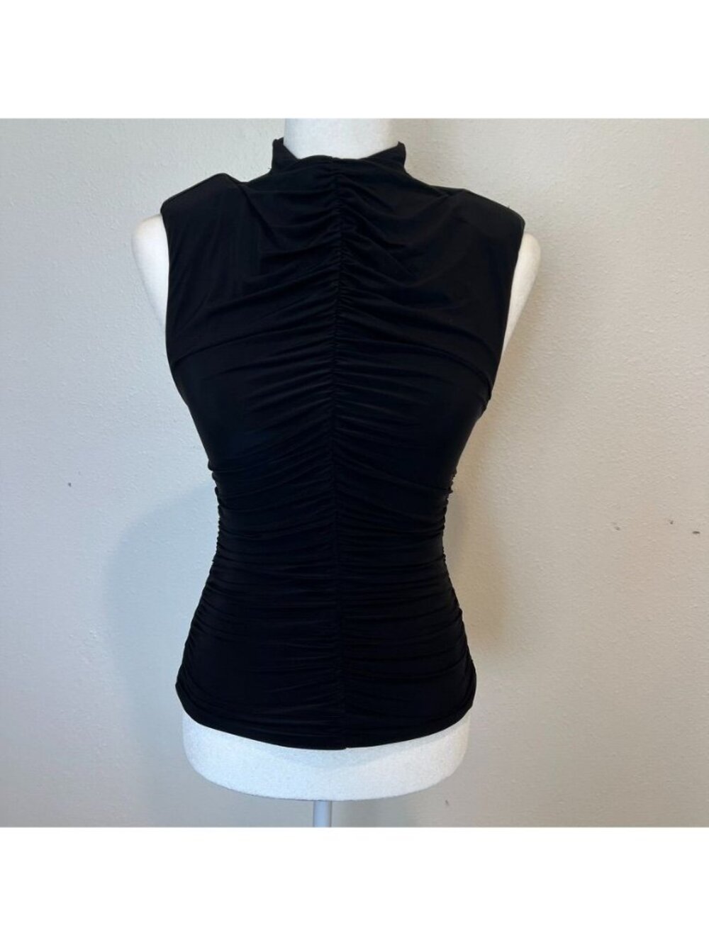 Black Ruched Mock Neck Fitted Top Size Small NWOT - Picture 2 of 4